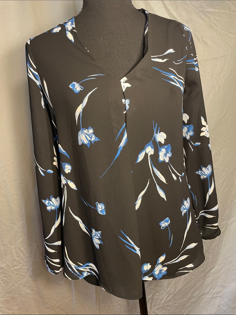 White House Black Market Black Blouse with Blue & White Floral Print